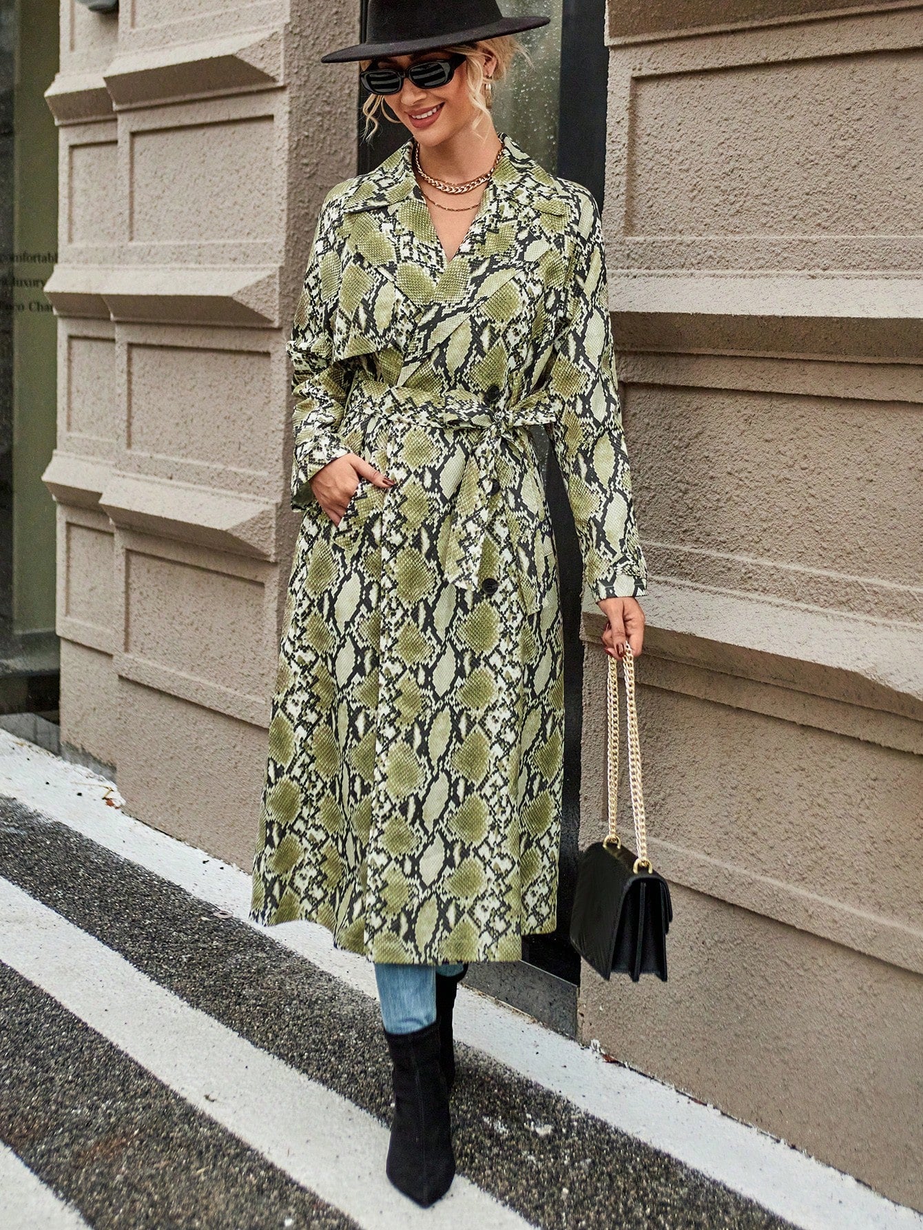 Snakeskin Print Belted Trench Coat