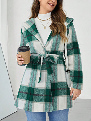 Plus Plaid Print Hooded Belted Overcoat