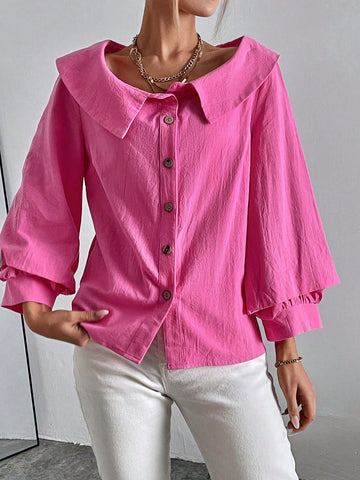 Solid Button Peter Pan Collar Front Lantern Sleeve Shirt