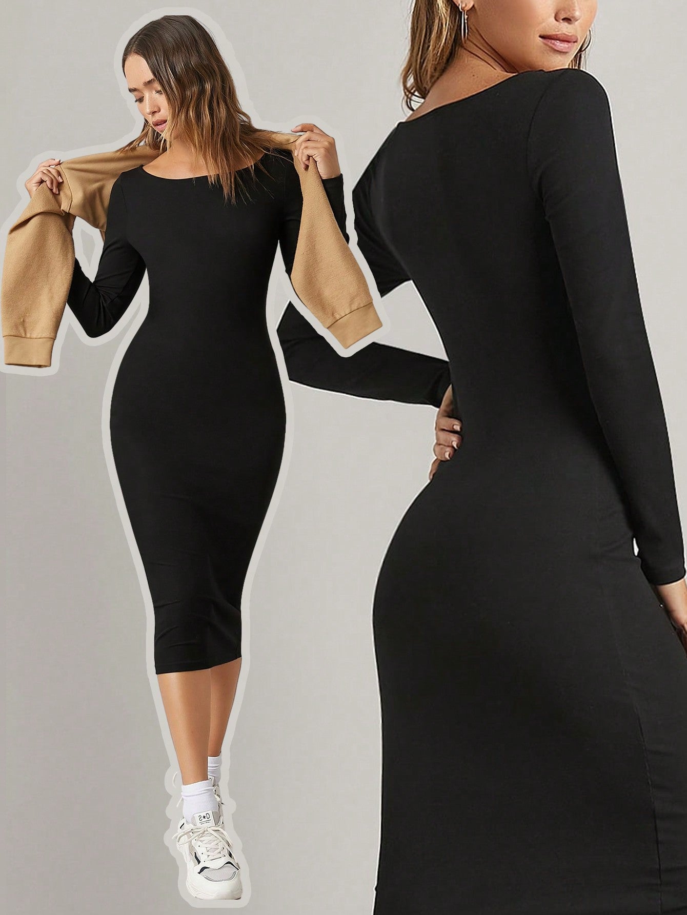 Solid Long Sleeve Bodycon Dress For Summer