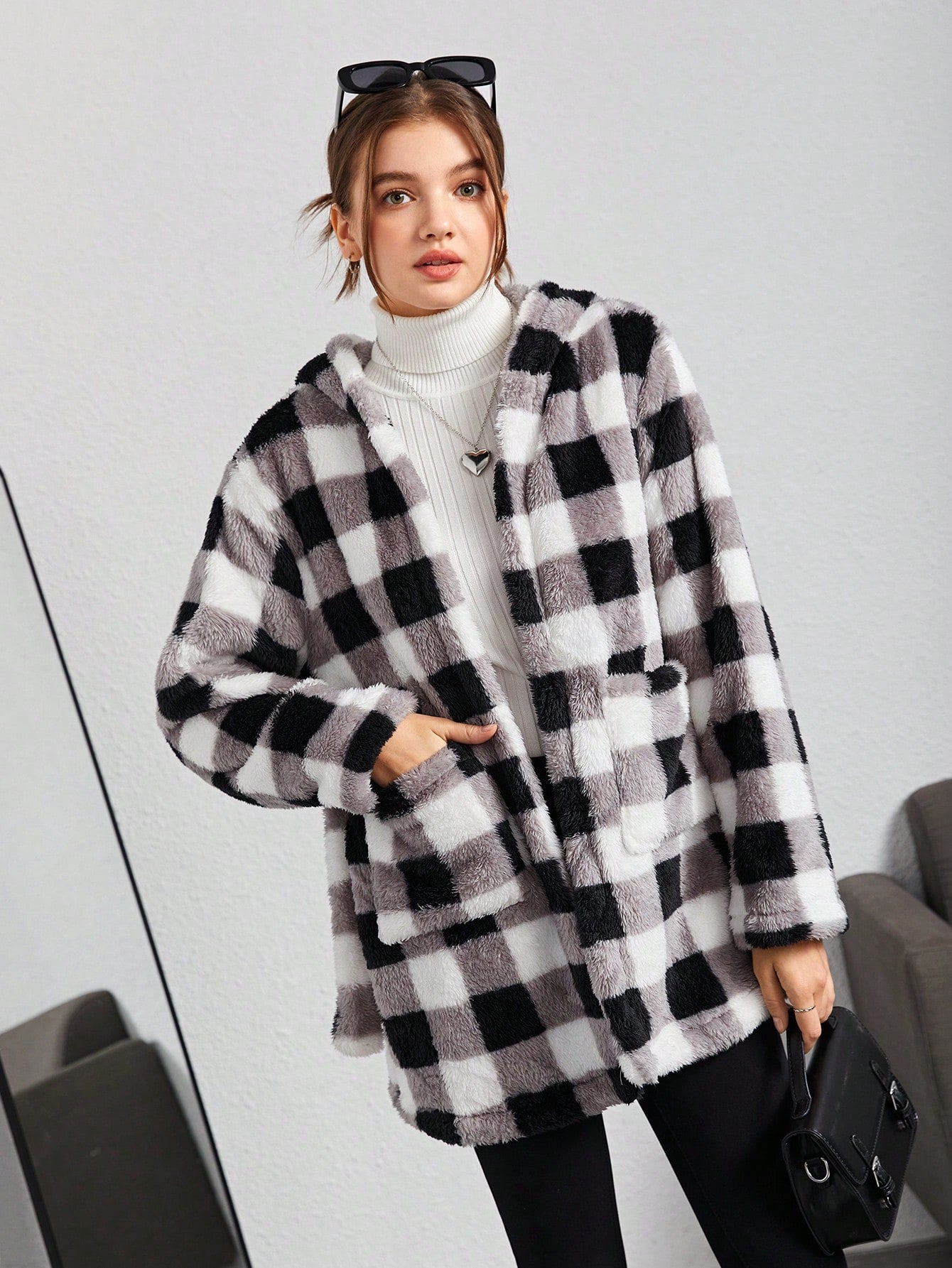 Teen Girls Buffalo Plaid Pattern Dual Pocket Hooded Teddy Coat