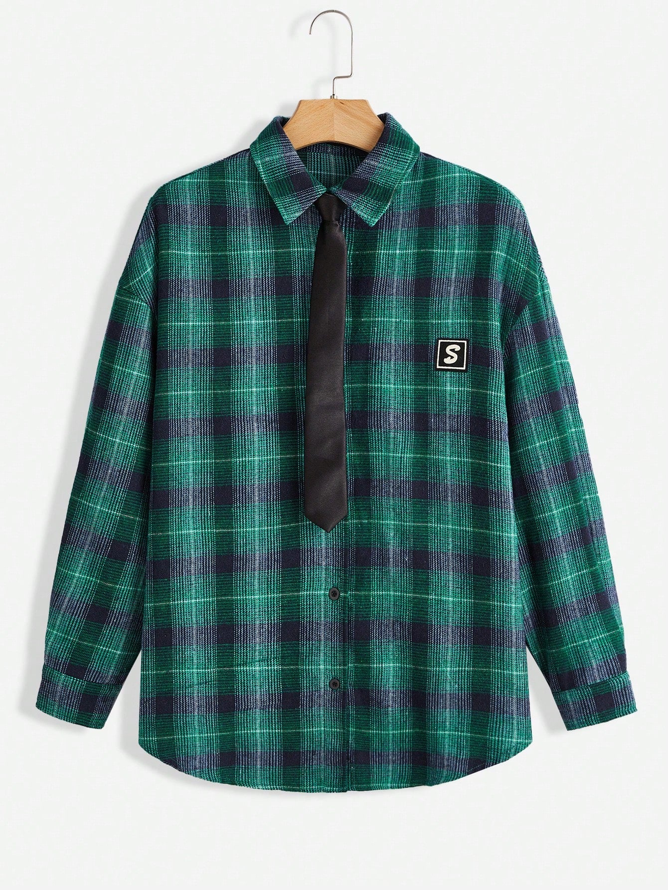 Plaid Print Drop Shoulder Shirt With Necktie