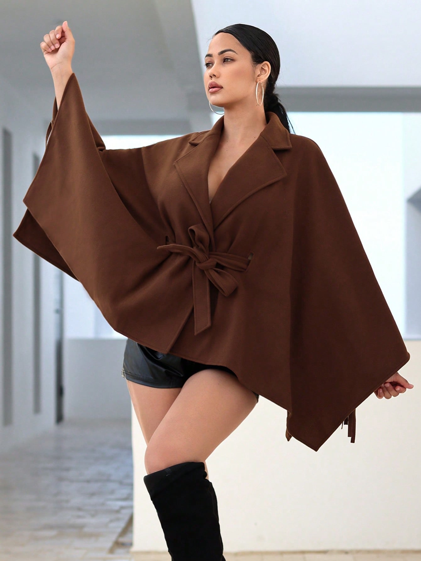 Lapel Neck Belted Cape Overcoat