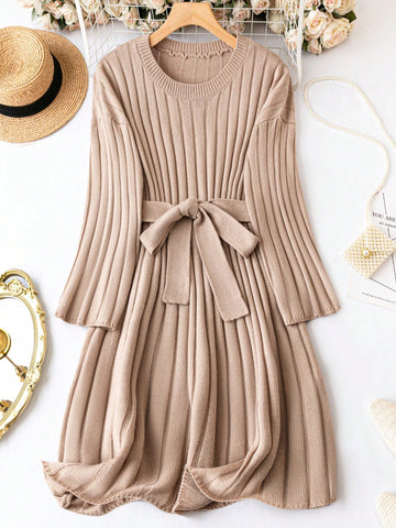 Plus Ribbed Knit Belted Sweater Dress