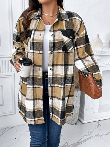 Plus Plaid Print Flap Pocket Drop Shoulder Overcoat