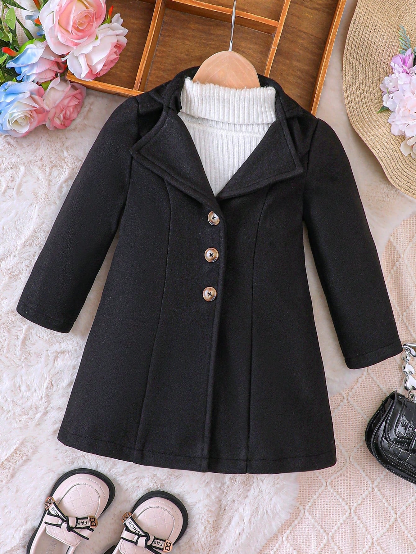 Young Girl 1pc Lapel Neck Button Front Overcoat