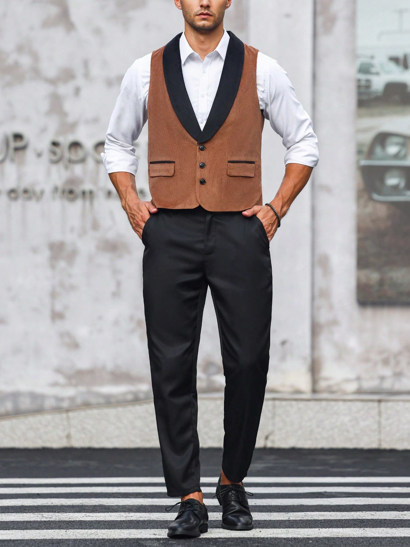 Men Contrast Panel Shawl Collar Blazer Vest & Suit Pants