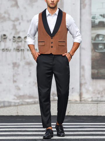 Men Contrast Panel Shawl Collar Blazer Vest & Suit Pants