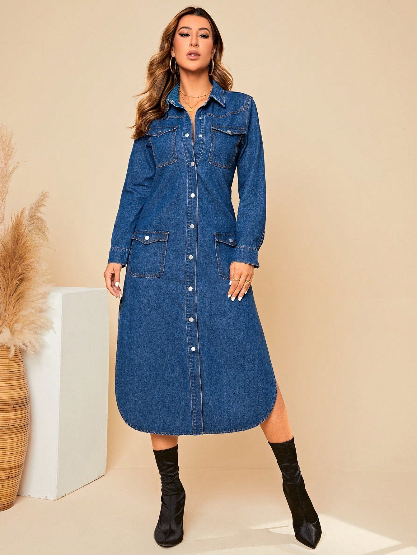 Flap Pocket Button Front Split Side Denim Dress