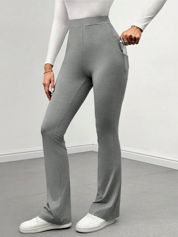 Solid Flare Leg Pants With Phone Pocket