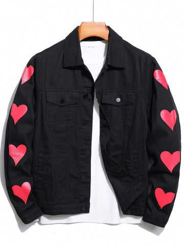 Men Heart Print Denim Jacket Without Tee