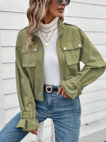 Zip Up Flap Pocket Drop Shoulder Jacket