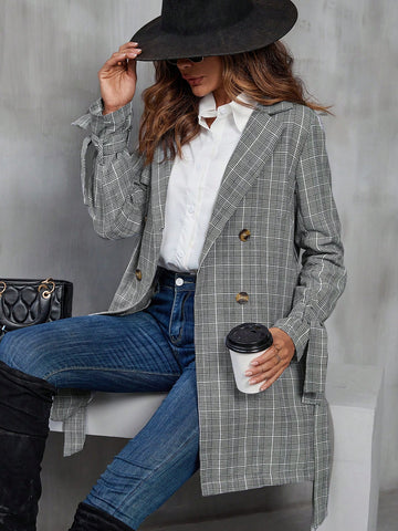 Plaid Double Breasted Belted Trench Coat