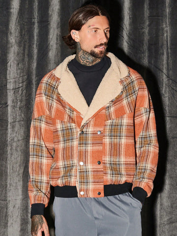 Loose Fit Men's Plaid Print Double Breasted Overcoat Lined With Teddy Fabric