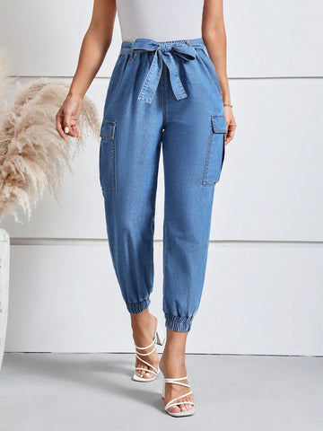 Flap Pocket Belted Cargo Jeans