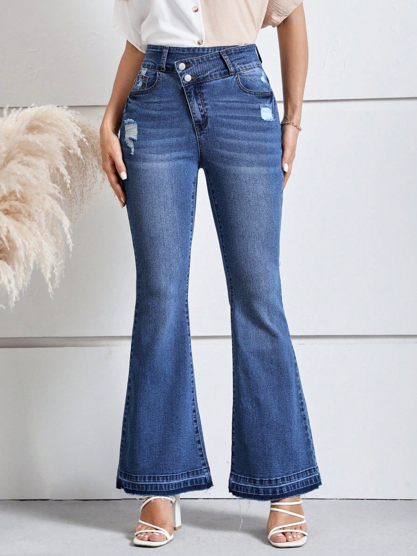 Overlap Waist Ripped Flare Leg Jeans