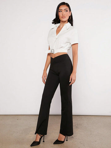 Solid Buckle Belted Crop Shirt