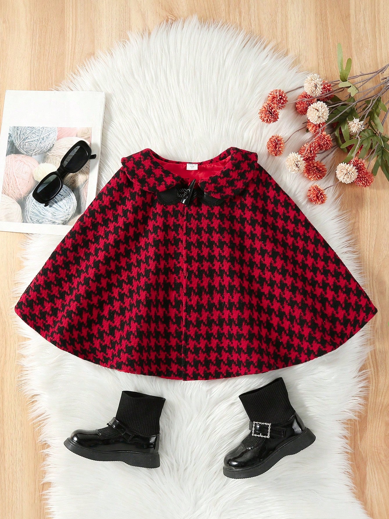 Young Girl Houndstooth Print Peter Pan Collar Bow Front Tweed Cape Overcoat