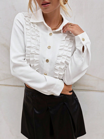 Solid Ruffle Trim Button Front Shirt