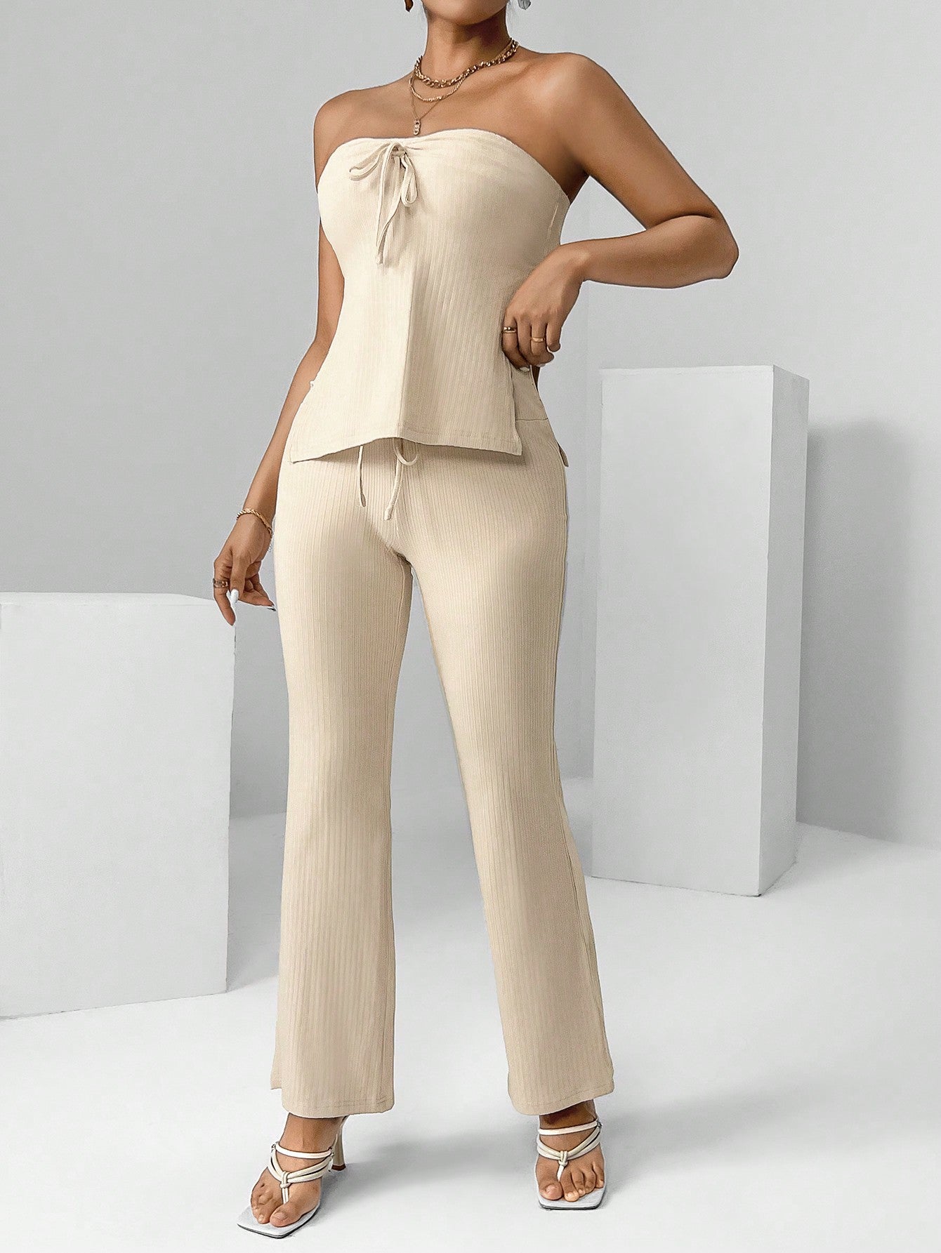 Solid Split Hem Tube Top & Flare Leg Pants