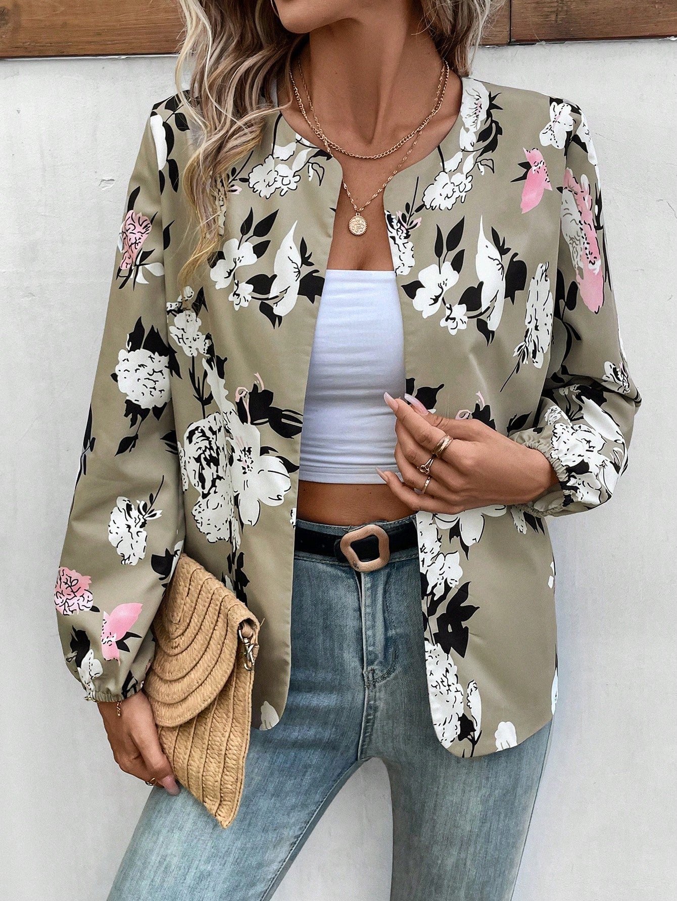 Floral Print Lantern Sleeve Open Front Jacket