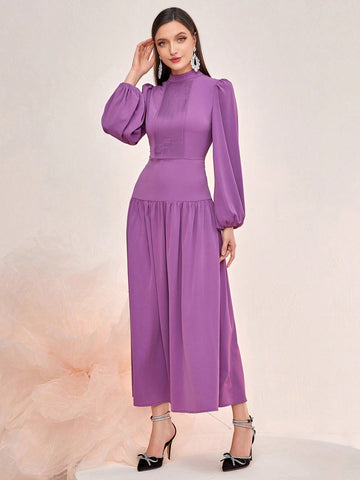 Mock Neck Lantern Sleeve Dress