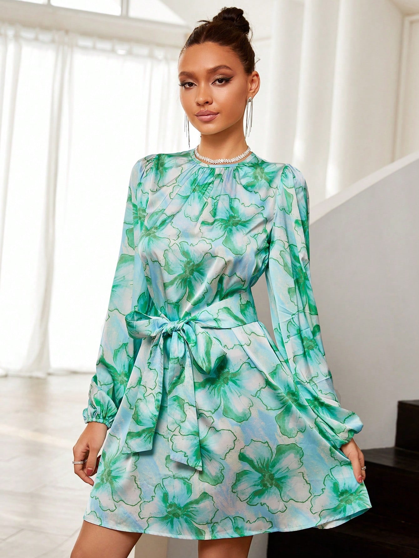 Allover Floral Print Lantern Sleeve Belted Dress