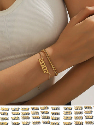 2 pcs Personalized Women's Stainless Steel Year of Birth Bracelet Suitable for Party Memorials