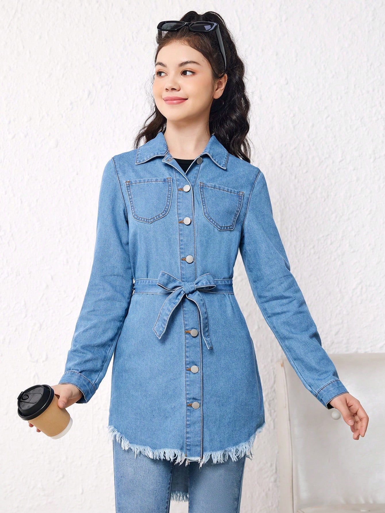 Teen Girl Raw Hem Belted Denim Shirt Dress