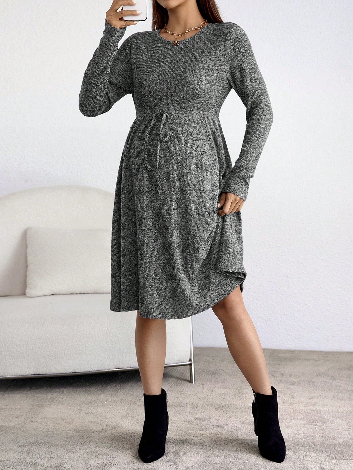 Maternity Marled Knit Belted Dress