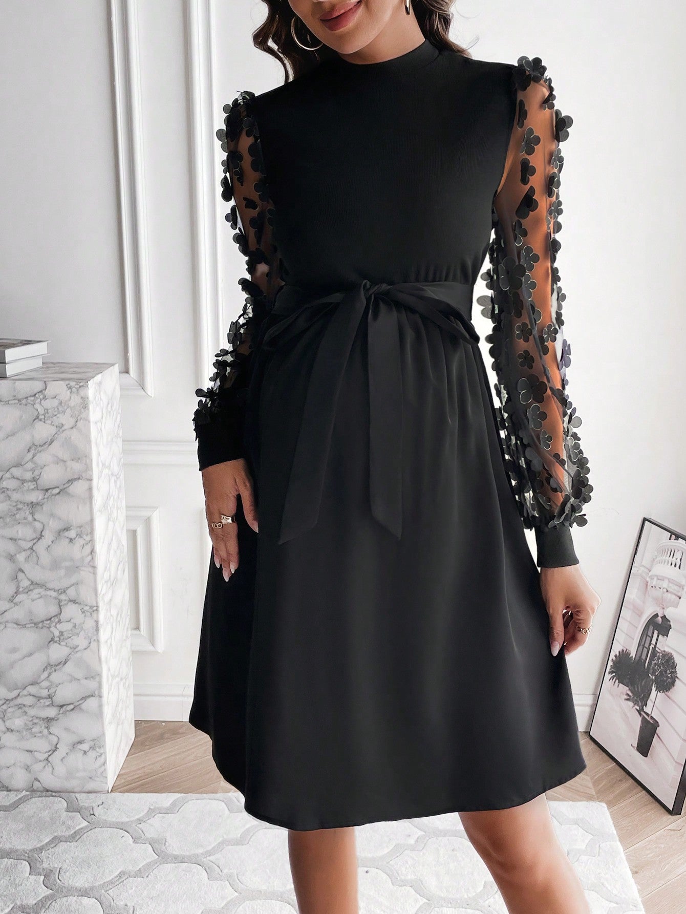 Maternity Appliques Mesh Sleeve Belted Dress