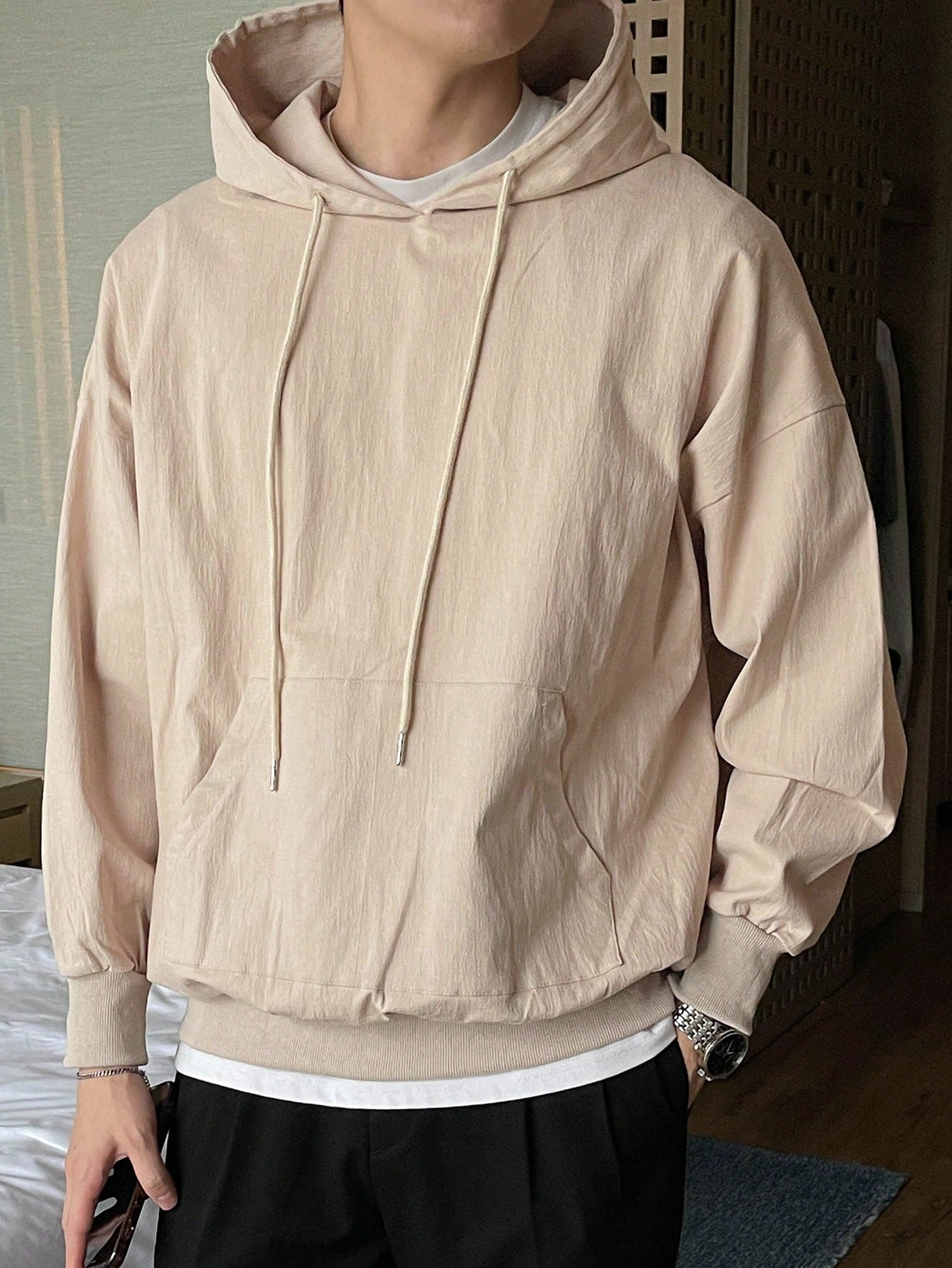 Men Kangaroo Pocket Drop Shoulder Drawstring Hoodie