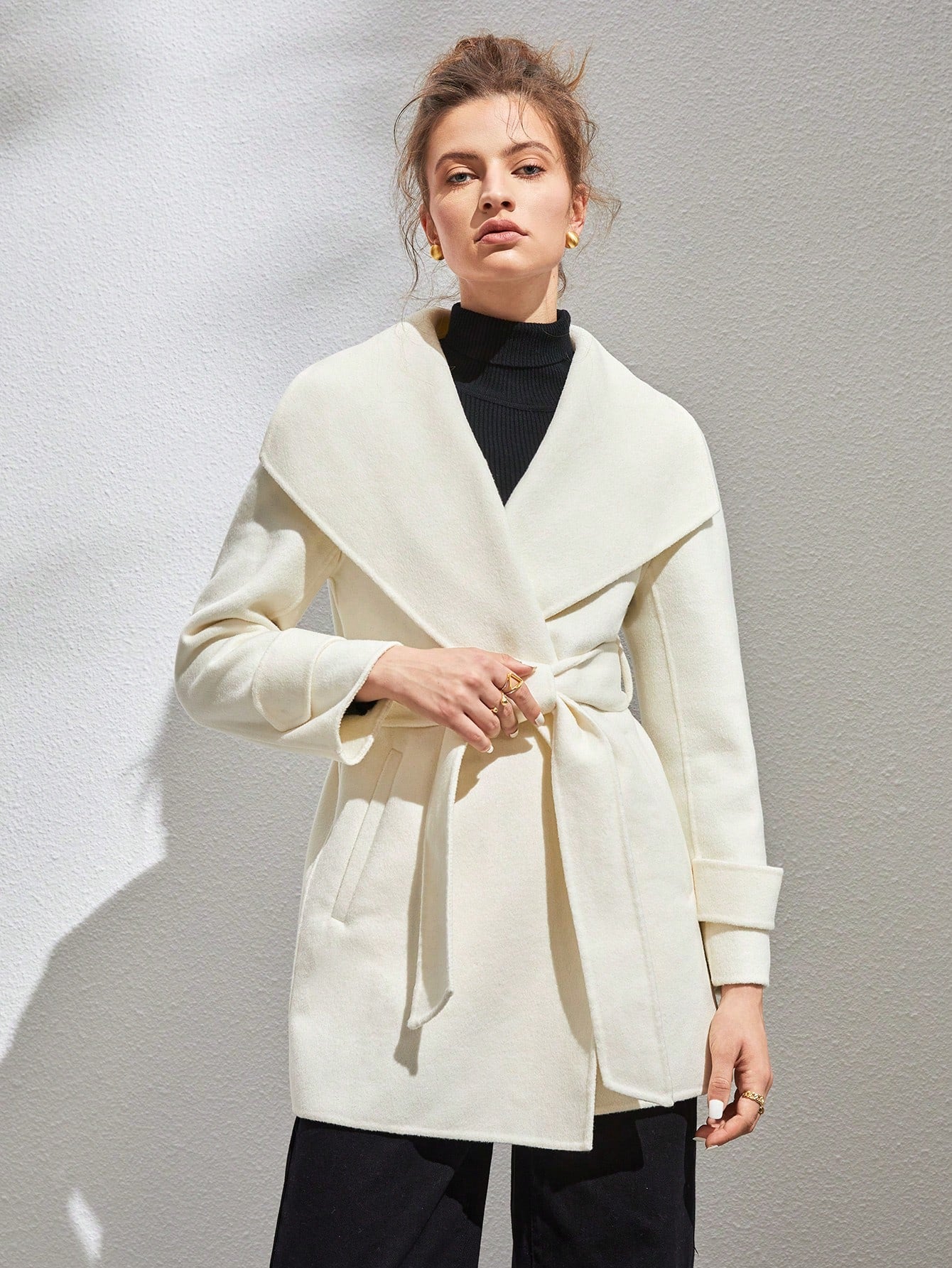 Waterfall Collar Belted Overcoat