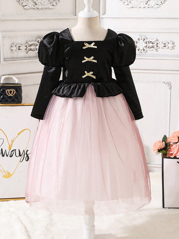 Young Girl Gigot Sleeve Bow Front Mesh Hem Dress