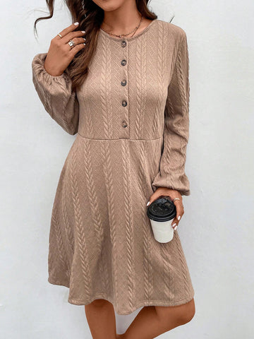 Solid Button Front Lantern Sleeve Dress