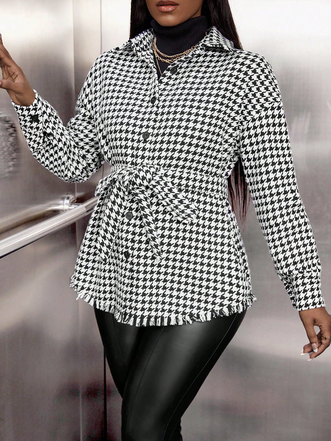 Maternity Houndstooth Print Drop Shoulder Raw Cut Belted Coat