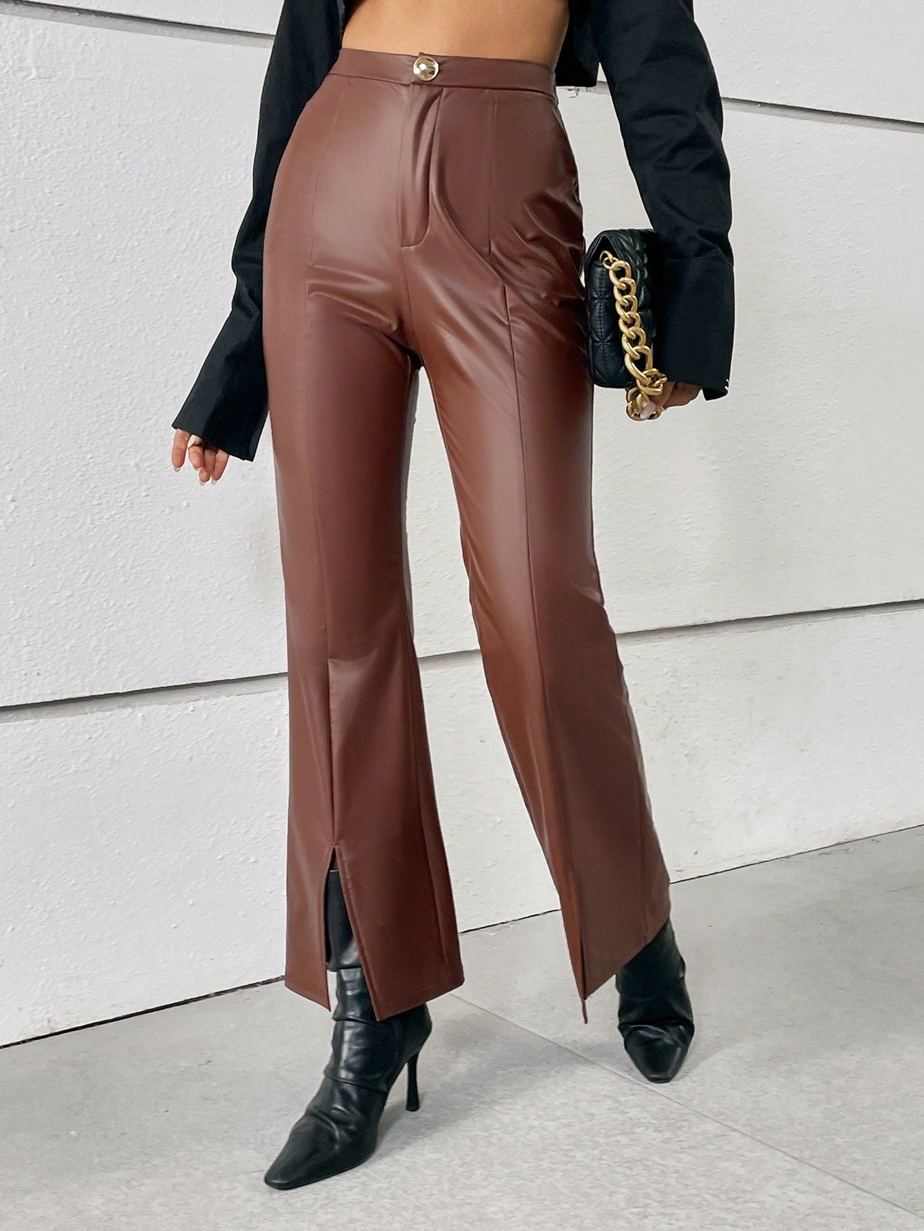 Split Hem PU Leather Flare Leg Pants