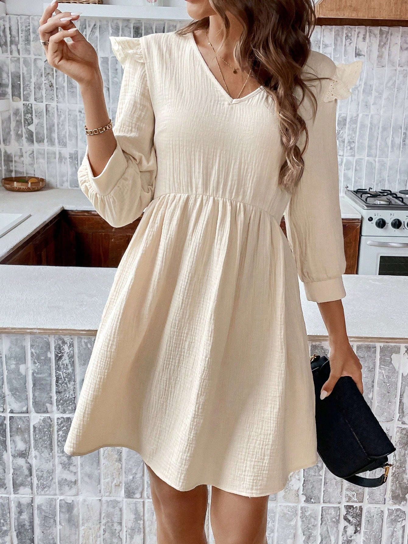 Solid Ruffle Trim Smock Dress