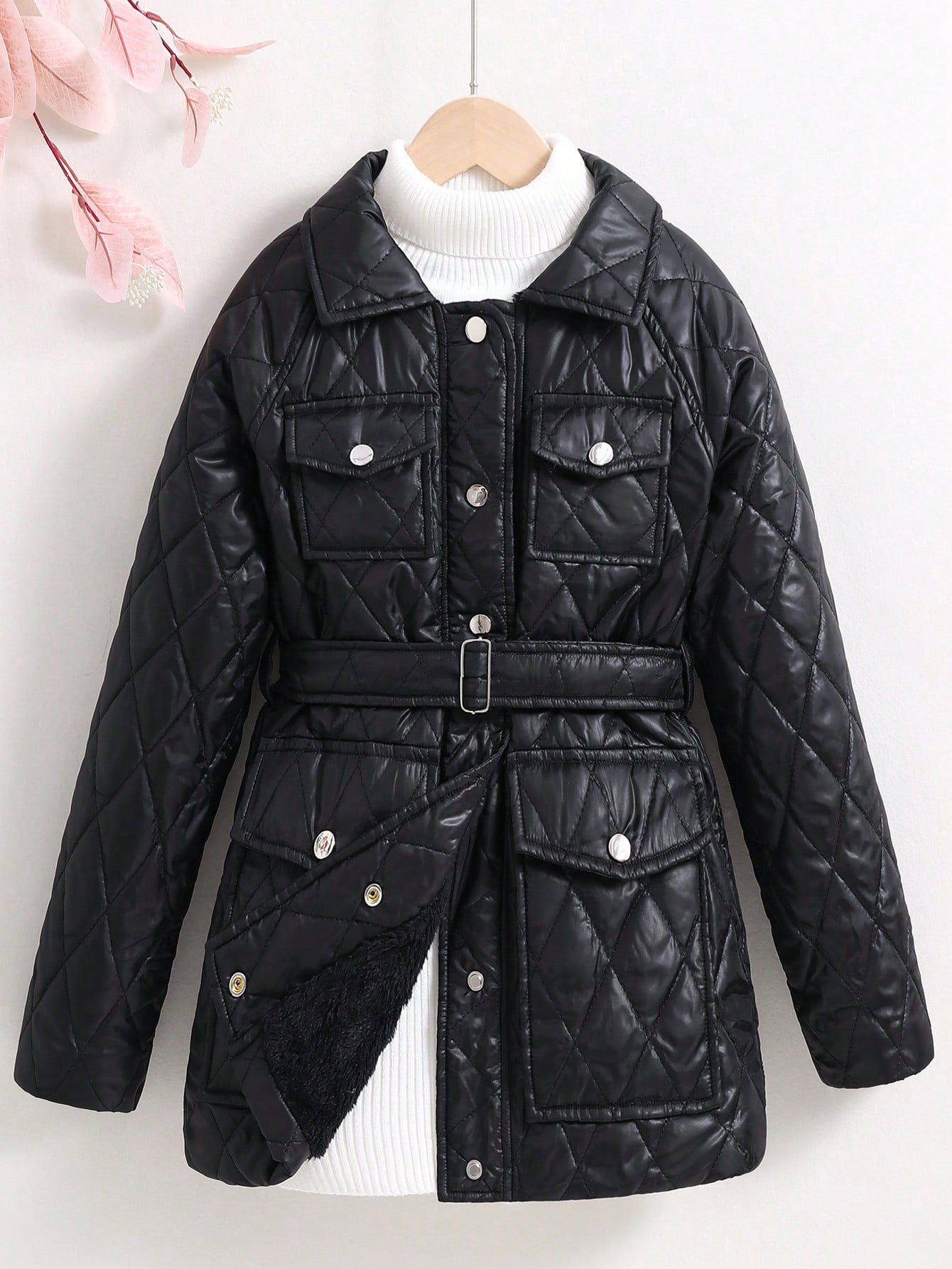 Tween Girl Flap Pocket Belted Quilted Coat Without Sweater