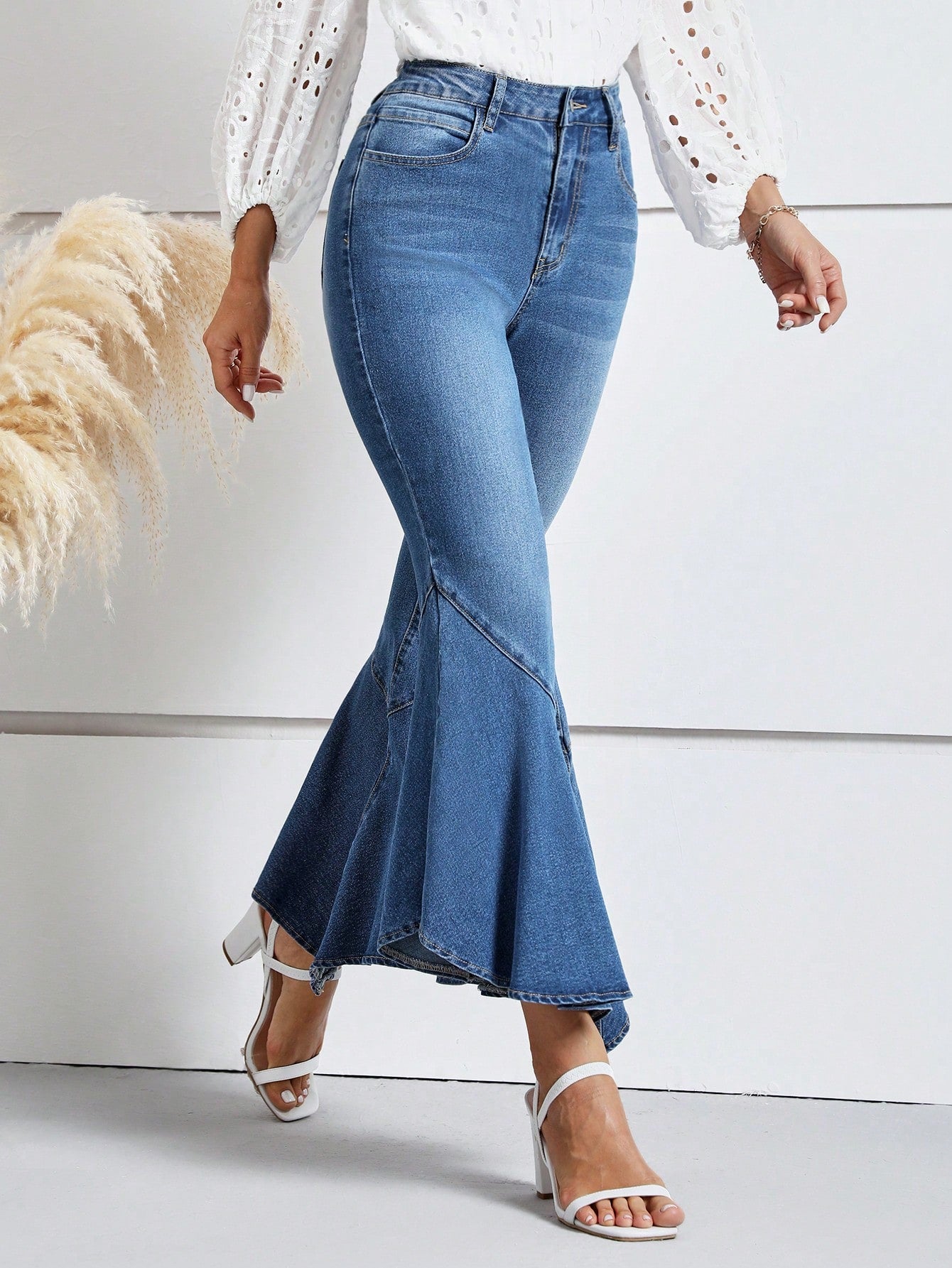 Asymmetrical Raw Hem Flare Leg Jeans