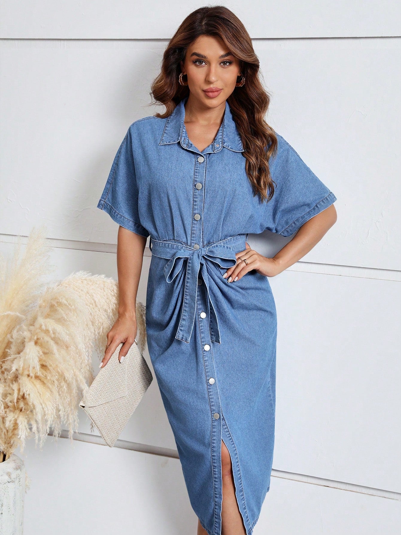 Batwing Sleeve Belted Denim Shirt Dress