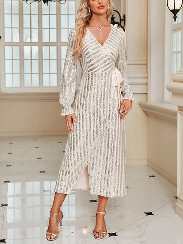 Flounce Sleeve Knot Side Wrap Hem Sequin Dress