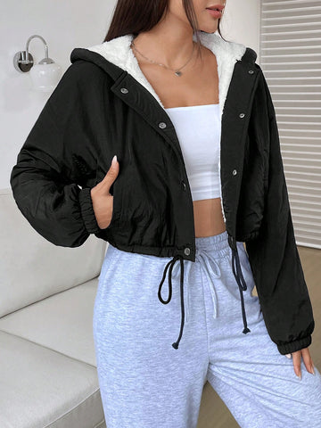 Drawstring Hem Drop Shoulder Teddy Lined Hooded Jacket