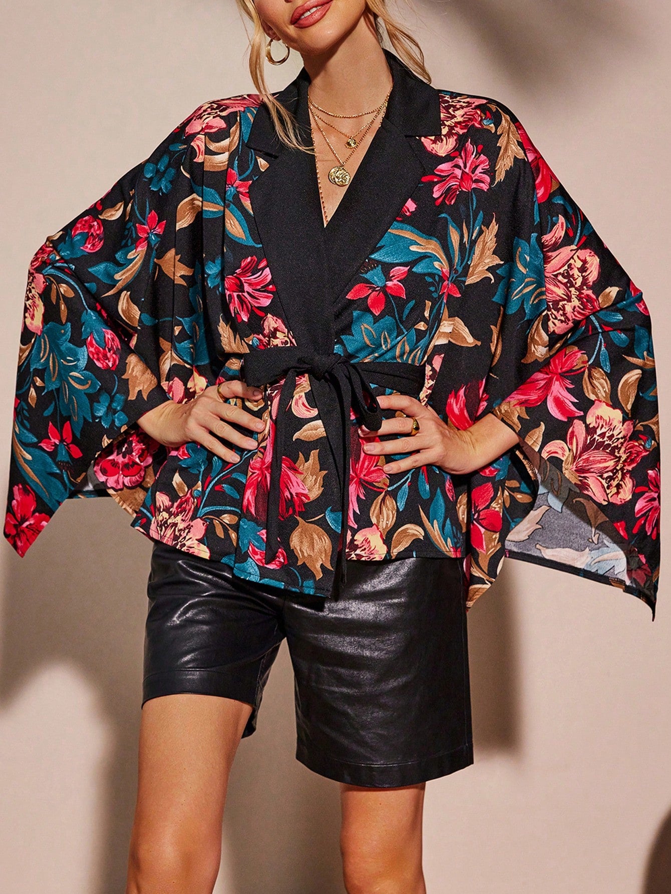 Floral Print Batwing Sleeve Belted Coat