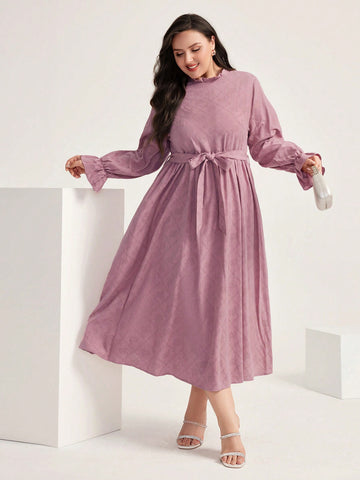 Plus Frill Trim Flare Sleeve Belted Dress