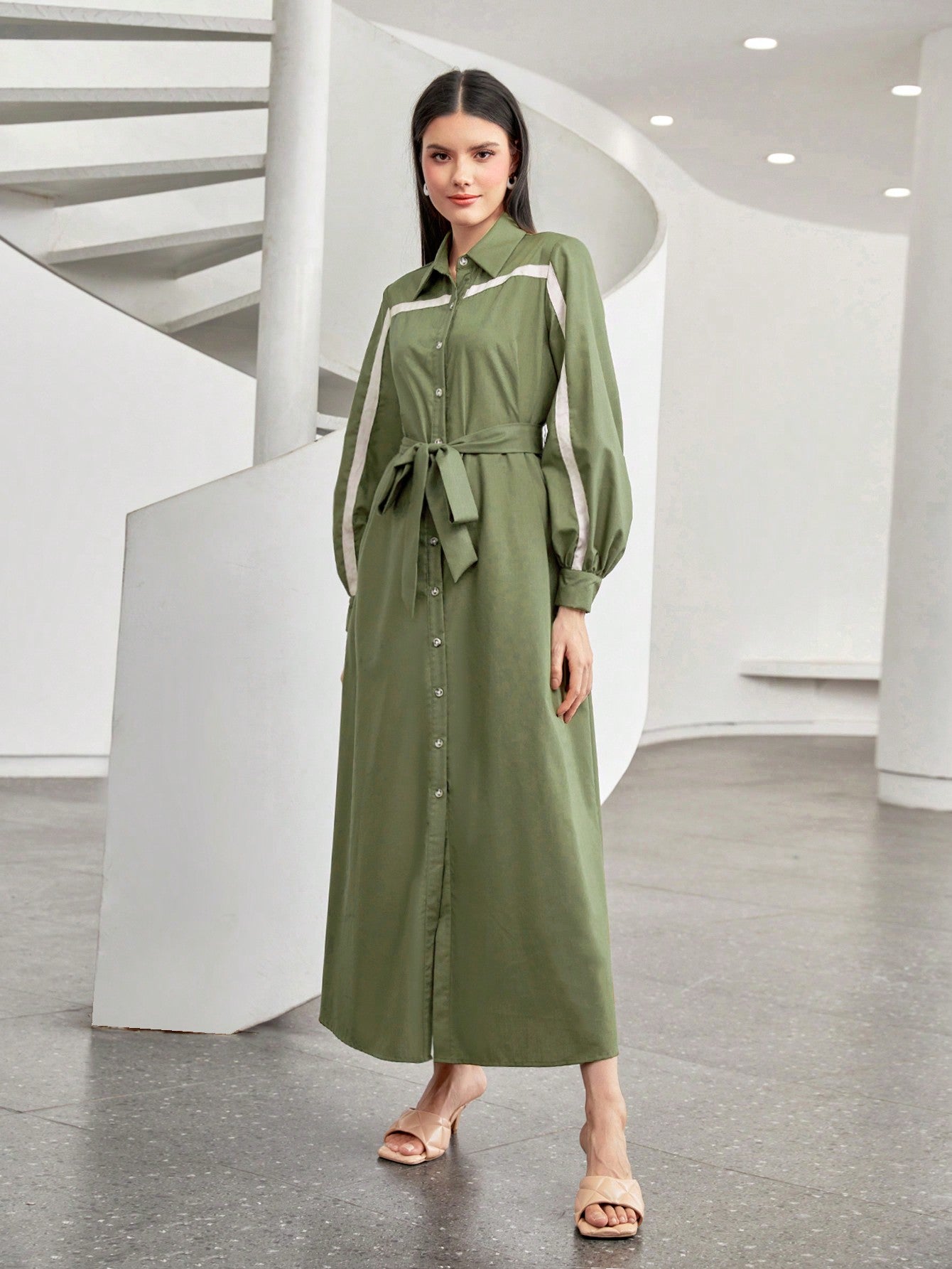 Contrast Panel Belted Shirt Dress