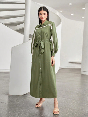 Contrast Panel Belted Shirt Dress