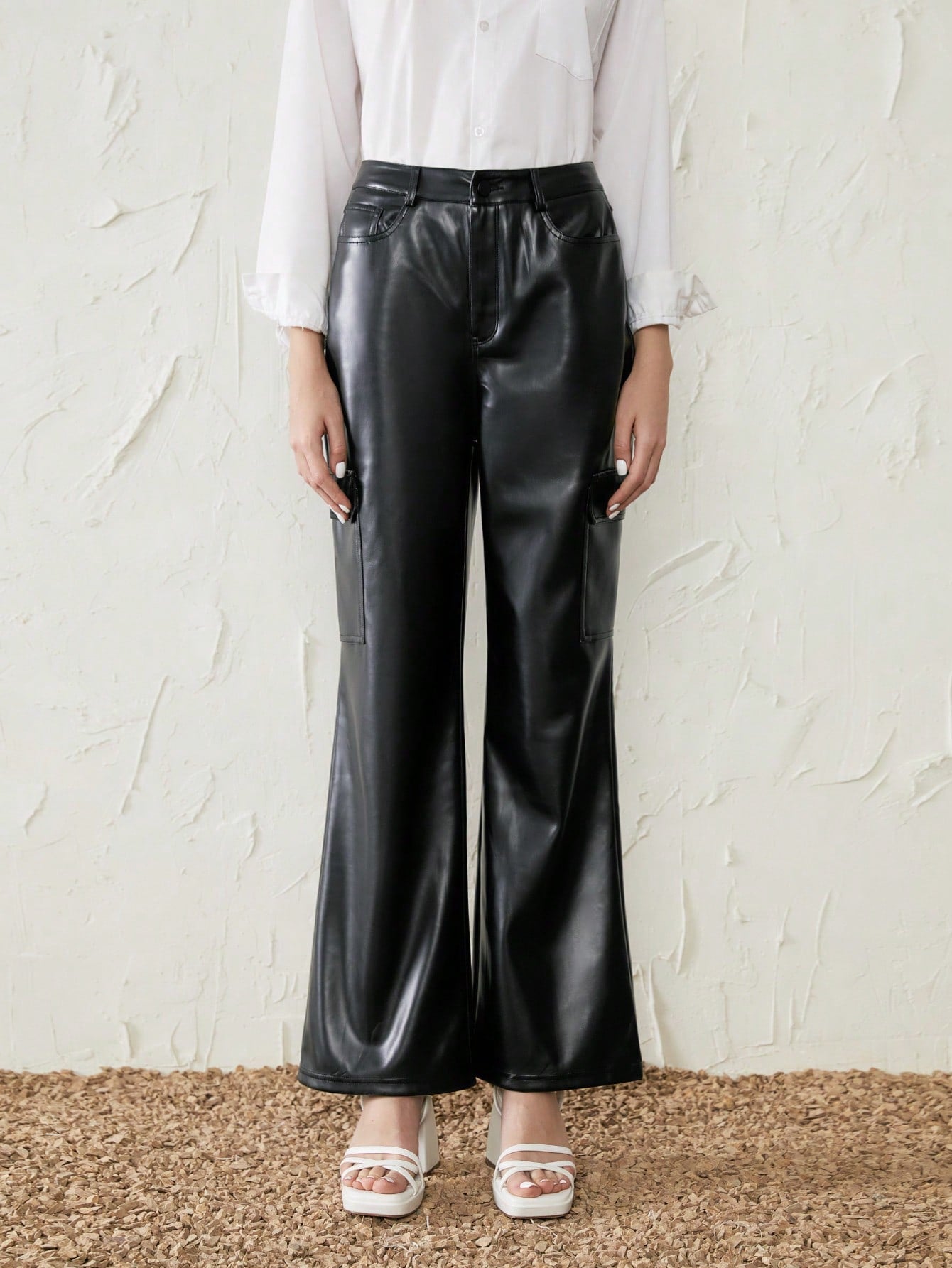 Solid Flare Leg PU Leather Pants