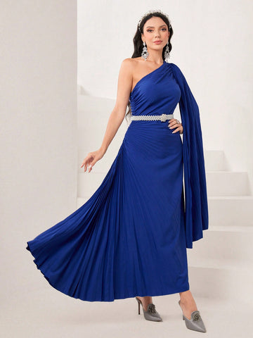 One Shoulder Pleated Cloak Sleeve Pleated Detail Dress Without Belt