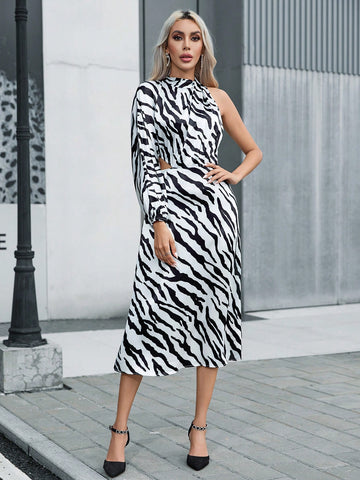 Zebra Striped One Shoulder Dress